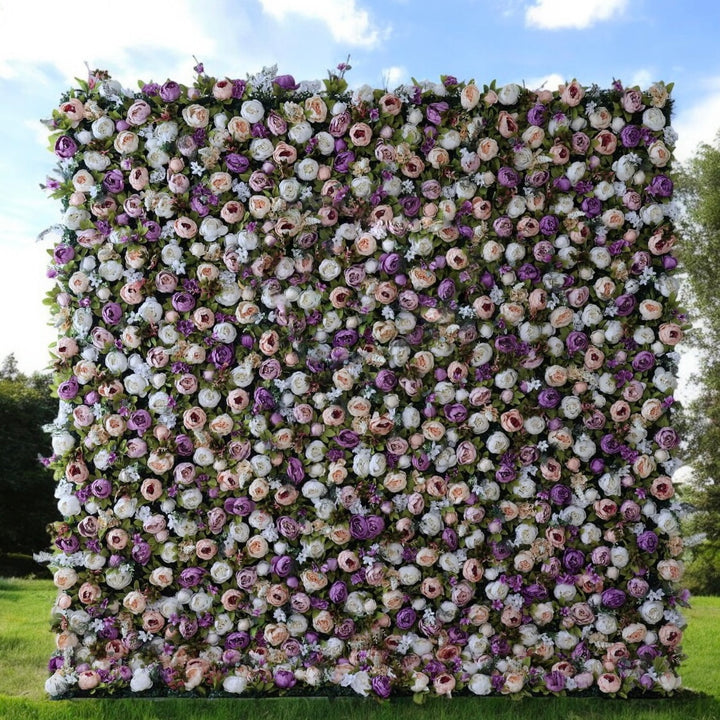Lavender Dream Garden flower wall backdrop with lavender and cream roses.
