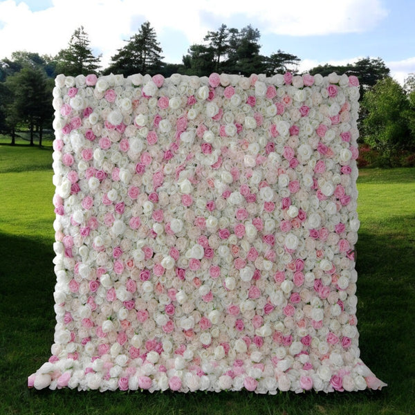 Romantic blush pink and ivory floral wall backdrop for weddings and special events.
