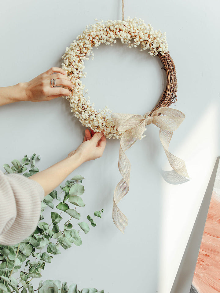 Ivory Dried Preserved Baby's Breath Wreath with Bow