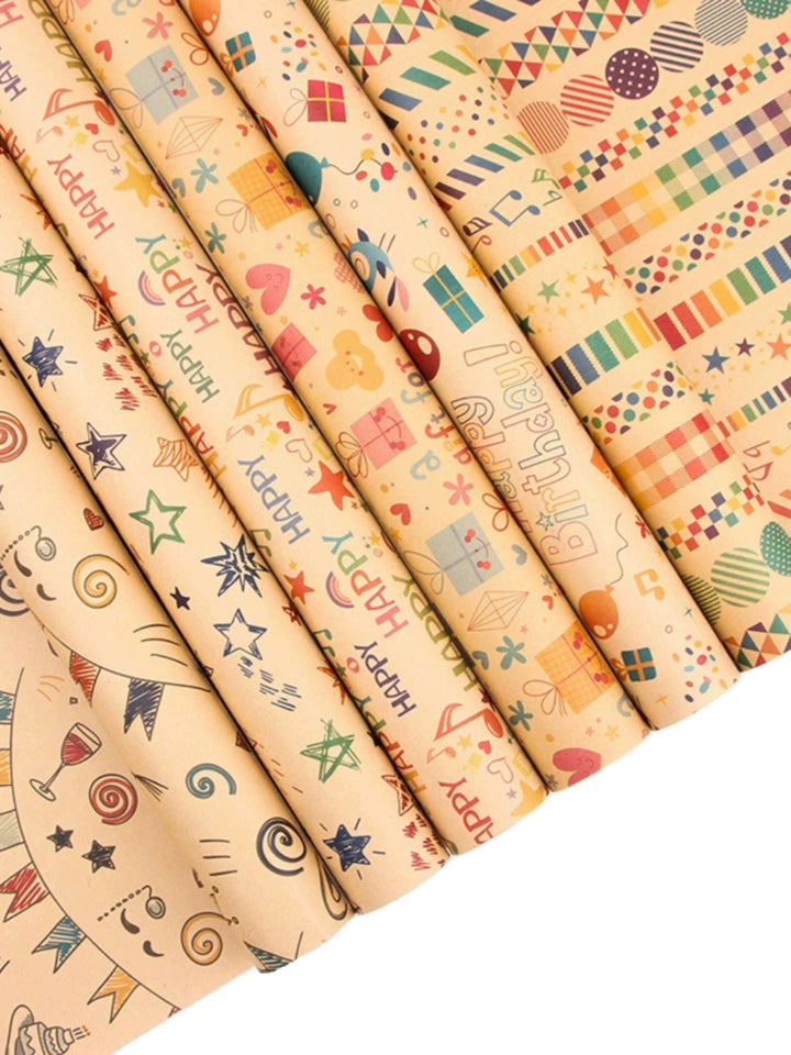 Brown kraft gift wrap with cartoon and celebration designs
