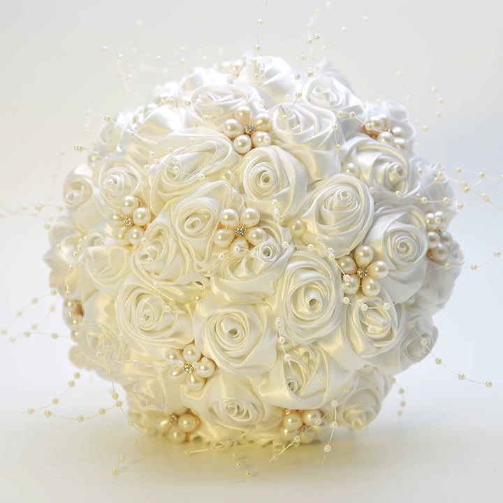 Satin Roses with Pearls Handmade Wedding Bouquet
