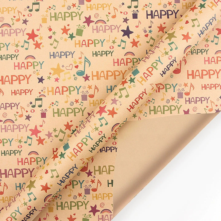 Brown kraft gift wrap with cartoon and celebration designs
