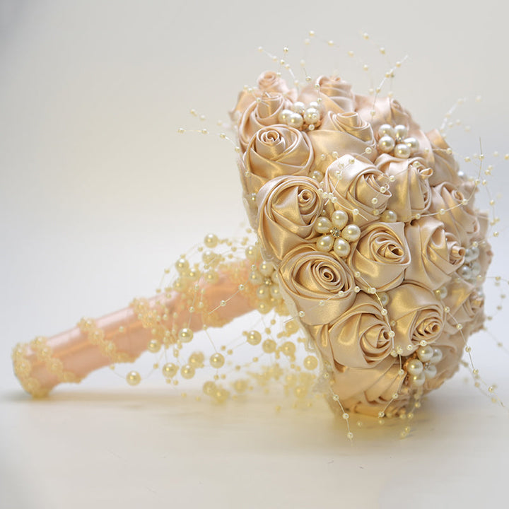 Satin Roses with Pearls Handmade Wedding Bouquet