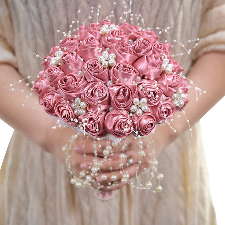 Satin Roses with Pearls Handmade Wedding Bouquet
