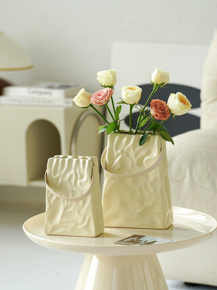 White Cream Crinkle Paper Bag Ceramic Vase