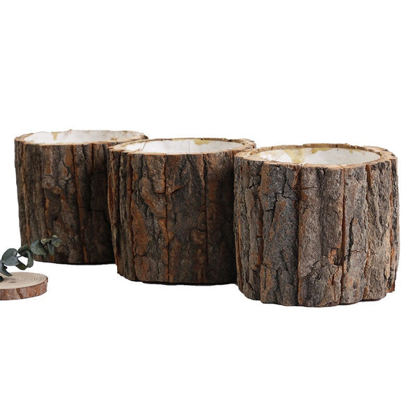 Set of 3 Wood Bark Planter Rustic Flower Vase