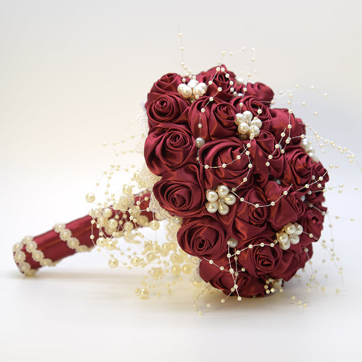 Satin Roses with Pearls Handmade Wedding Bouquet