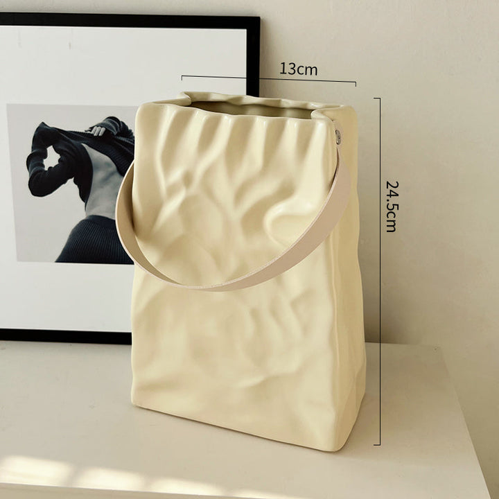 White Cream Crinkle Paper Bag Ceramic Vase