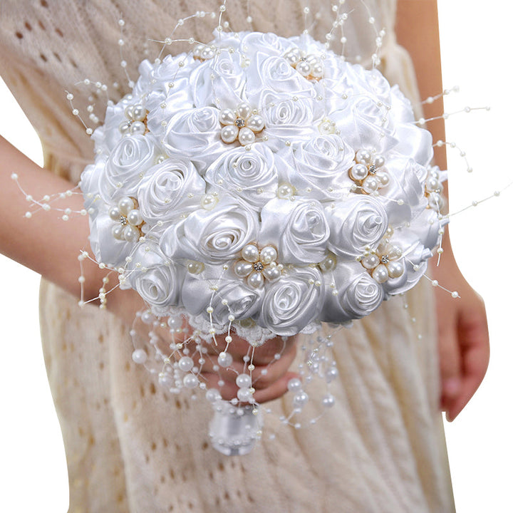 Satin Roses with Pearls Handmade Wedding Bouquet