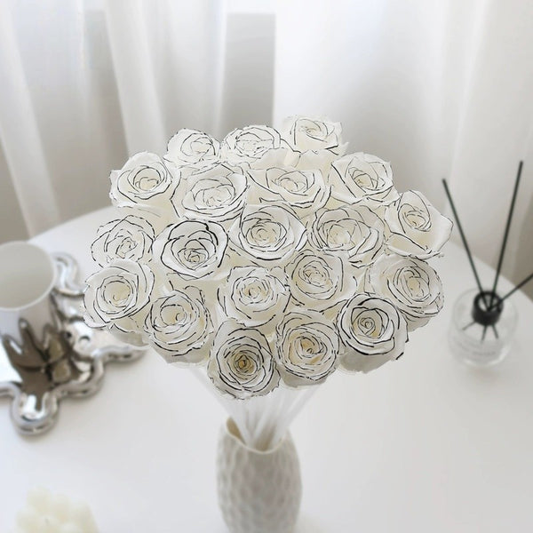 White Preserved Roses with Black Trim – 2-6CM DIY Bouquet Craft Kit