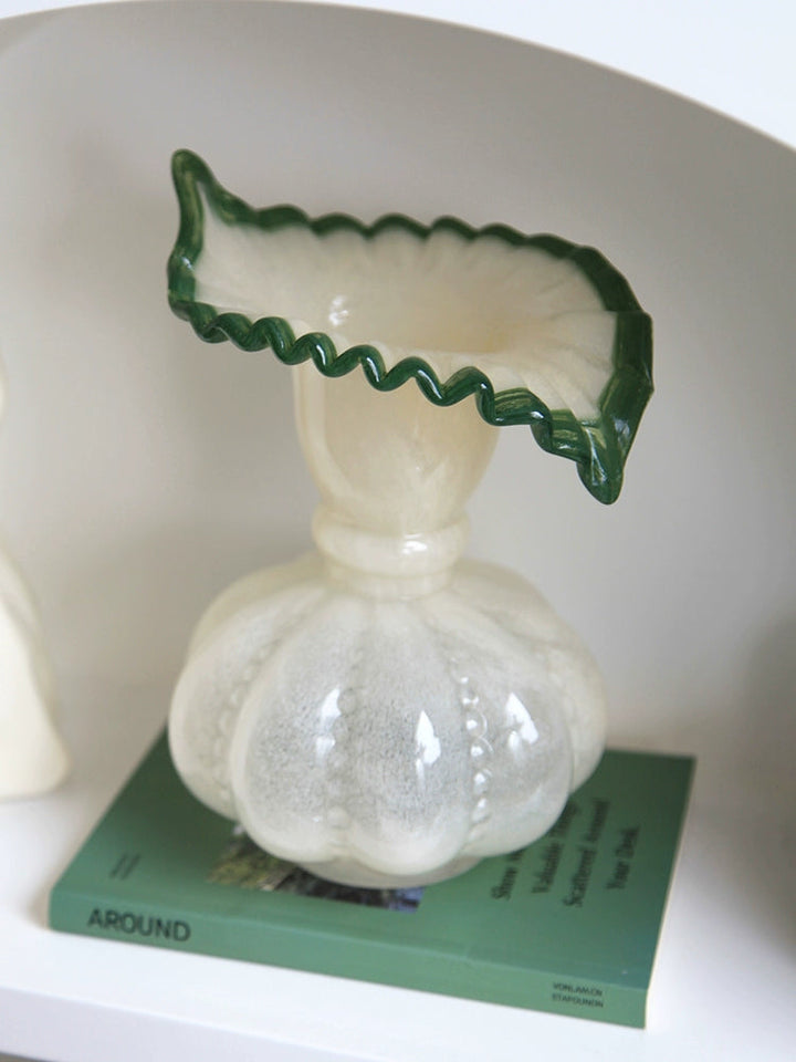 Vintage Ruffled Green Edged Cream Glass Vase