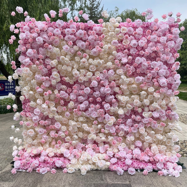 Blushing Blossom floral wall backdrop with pink, ivory, and cream roses.
