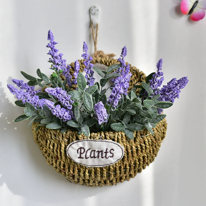 Rustic Wall Hanging Basket with Faux Lavender Flowers for Indoor Décor