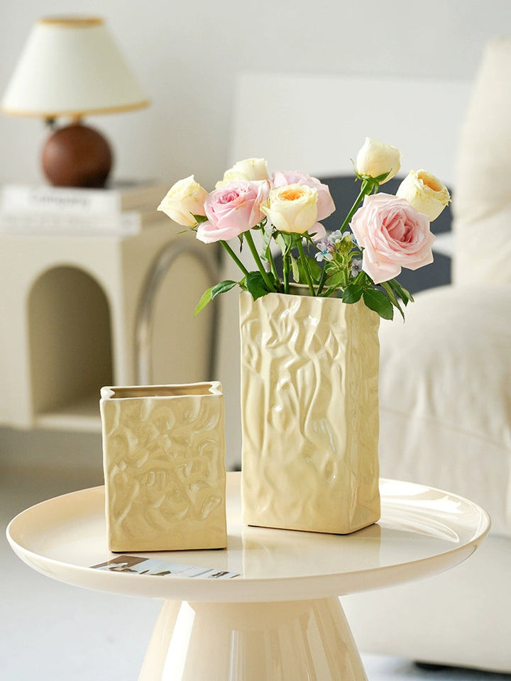 White Cream Crinkle Paper Bag Ceramic Vase