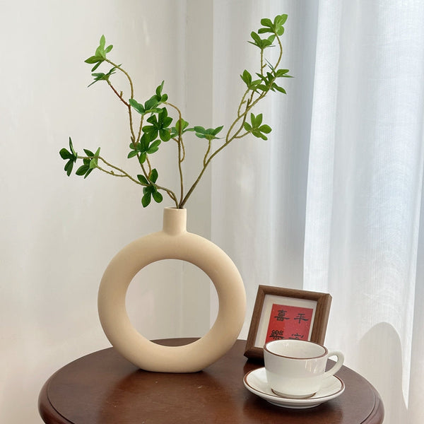 Minimal Donut Vase with Fake Greenery Branch