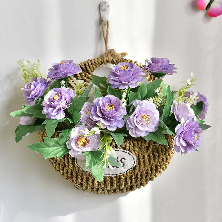 Rustic Wall Hanging Basket with Faux Lavender Flowers for Indoor Décor