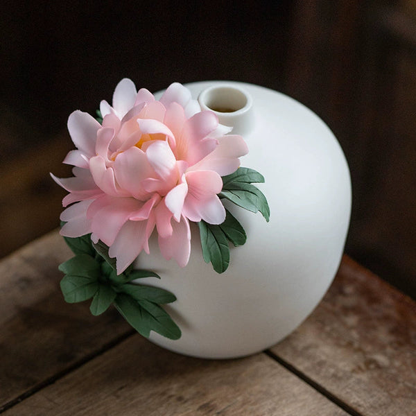 Peony Flower White Ceramic Vase