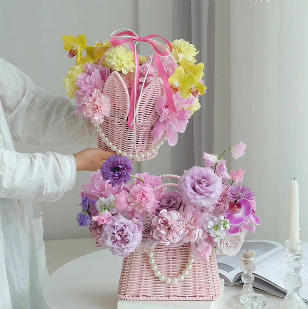 Pink Willow Basket with Handle and Pearl Decor