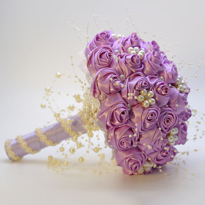 Satin Roses with Pearls Handmade Wedding Bouquet