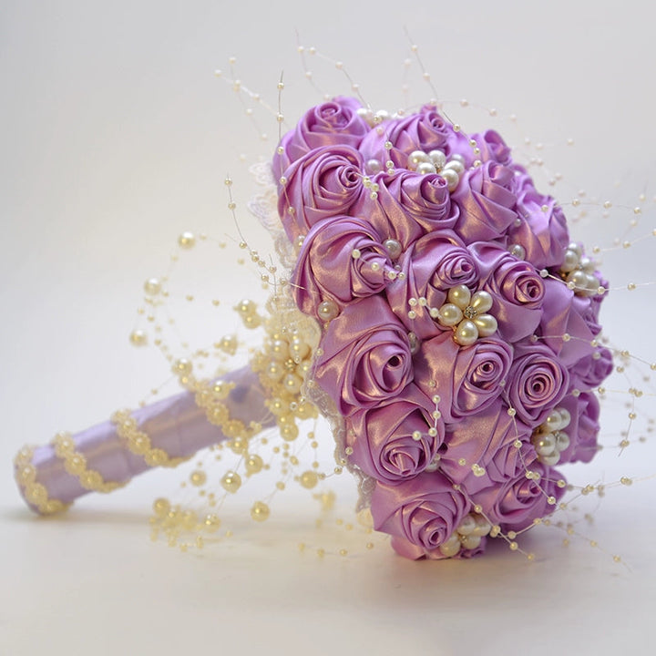 Satin Roses with Pearls Handmade Wedding Bouquet