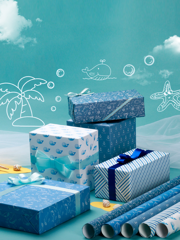 Ocean-inspired birthday gift wrapping paper for boys and children.