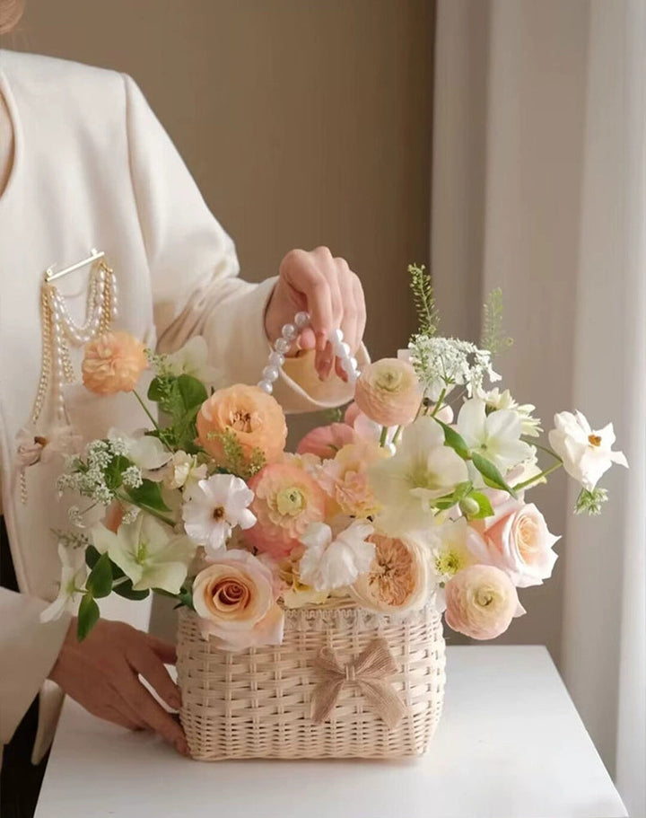 Waterproof Rattan Flower Basket with Pearl Handle