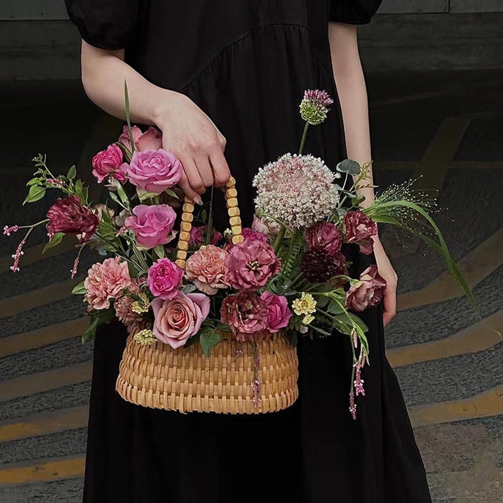 Rattan Flower Basket with Wood Beads Handle