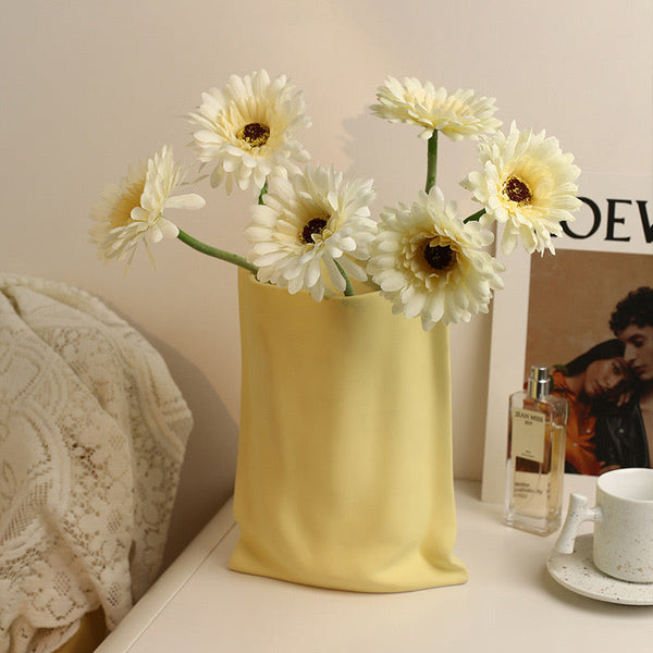 Paper Bag Shaped Cream Ceramic Art Vase