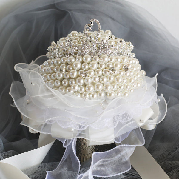 Luxury Artifical Pearl Wedding Bouquet with Swan Tiara