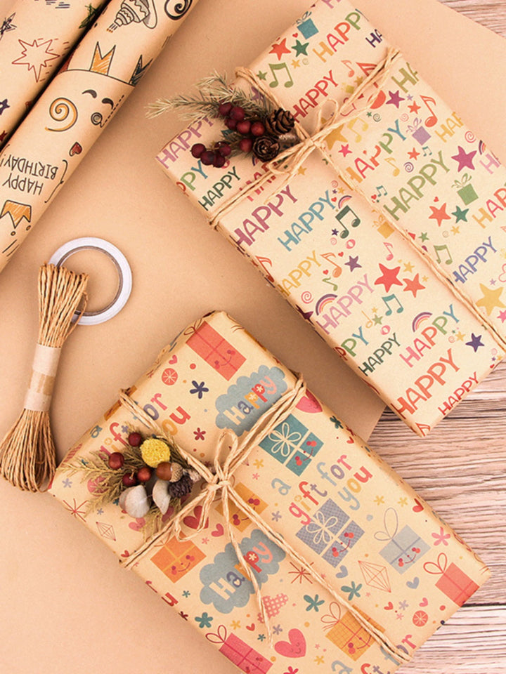 Birthday-themed kraft wrapping paper set with retro patterns
