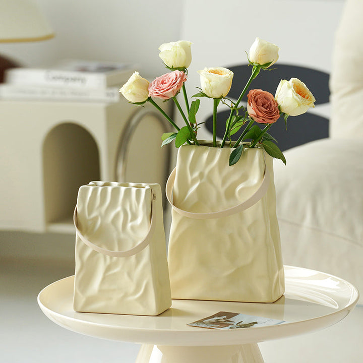 White Cream Crinkle Paper Bag Ceramic Vase