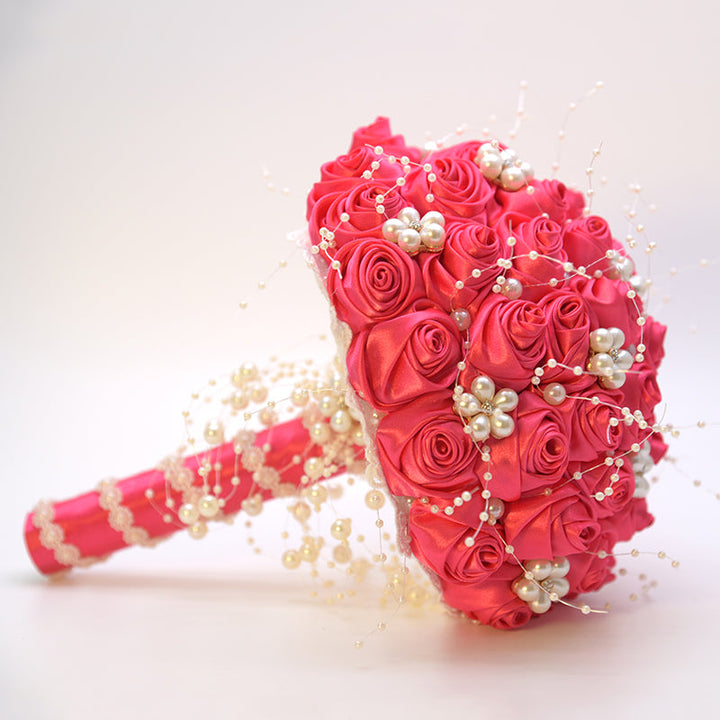 Satin Roses with Pearls Handmade Wedding Bouquet