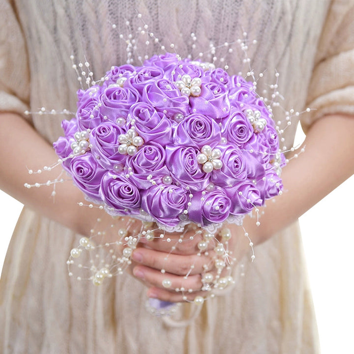 Satin Roses with Pearls Handmade Wedding Bouquet
