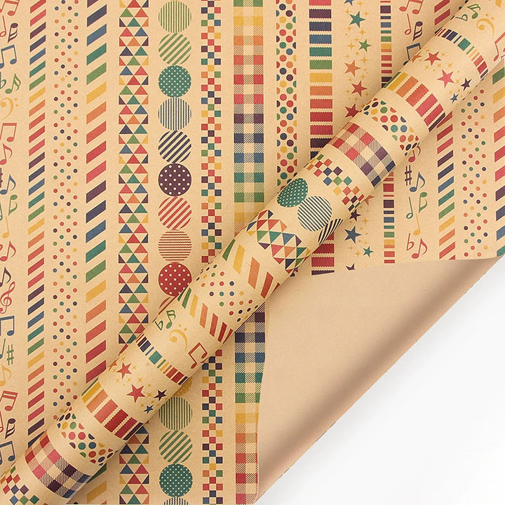 Brown kraft gift wrap with cartoon and celebration designs
