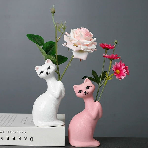 Ceramic Cat Vase for Single Flower Arrangement
