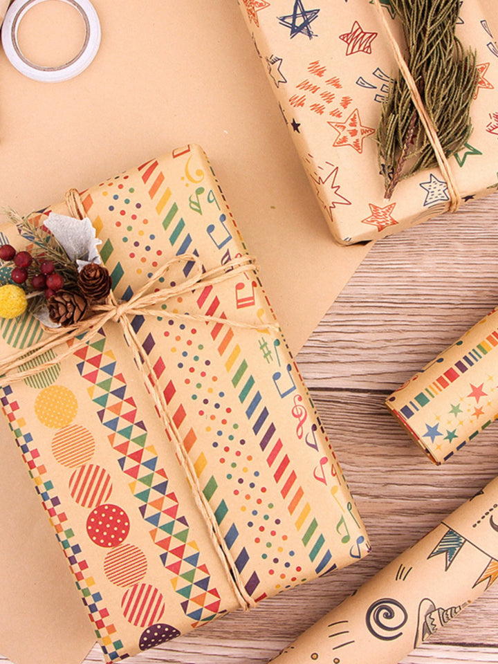 Birthday-themed kraft wrapping paper set with retro patterns
