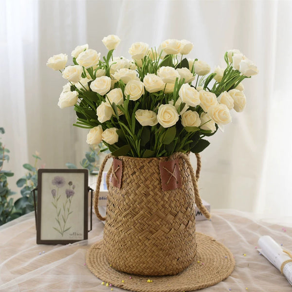 Artificial White Silk Roses in Woven Basket for Tabletop Décor