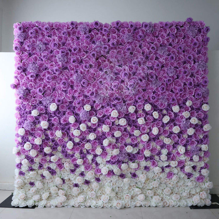 Lavender gradient floral wall backdrop with purple and white roses.
