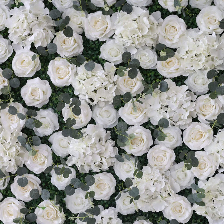 Classic floral wall featuring white roses and green foliage, ideal for elegant decor.
