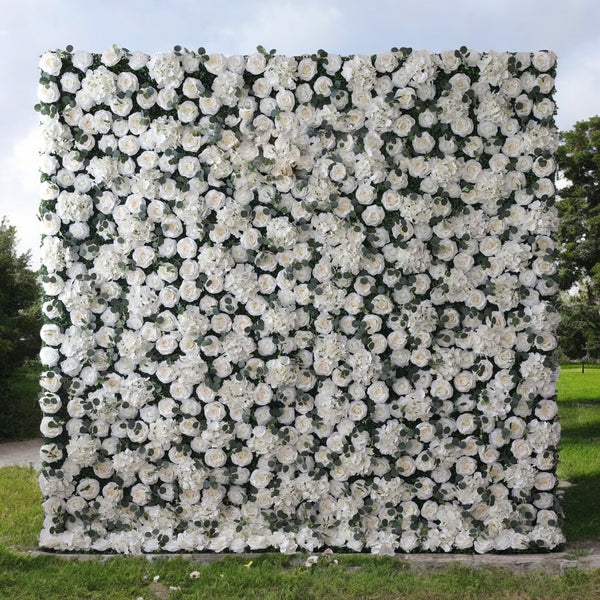 Elegant white and green flower wall backdrop for weddings and special events.
