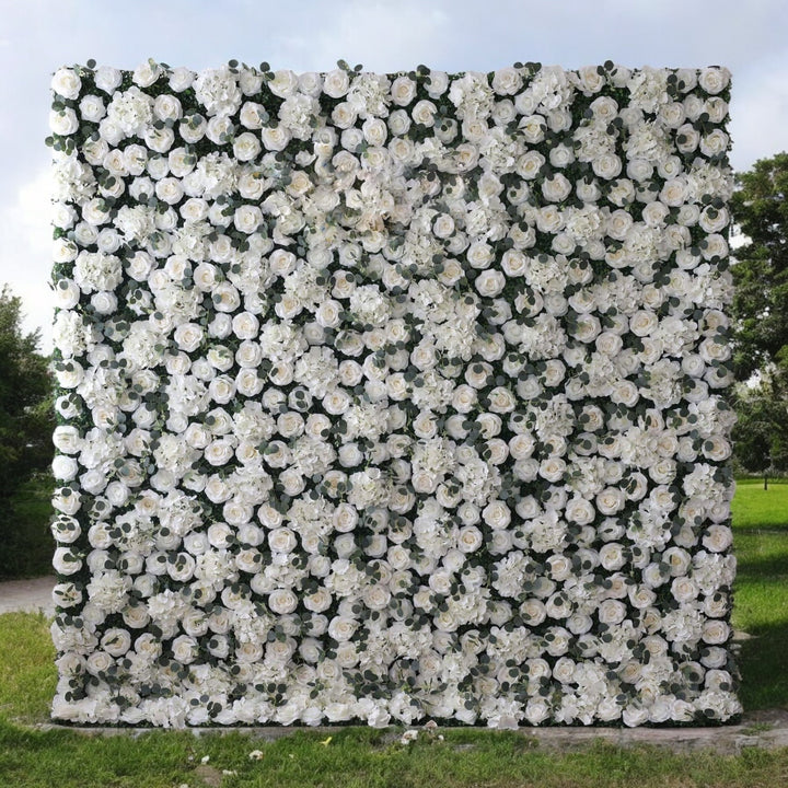 Elegant white and green flower wall backdrop for weddings and special events.
