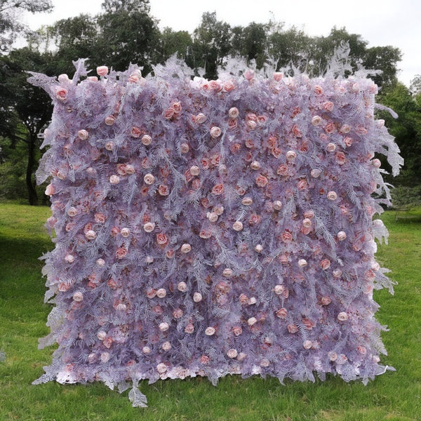 Elegant pink and lavender floral wall backdrop for weddings.
