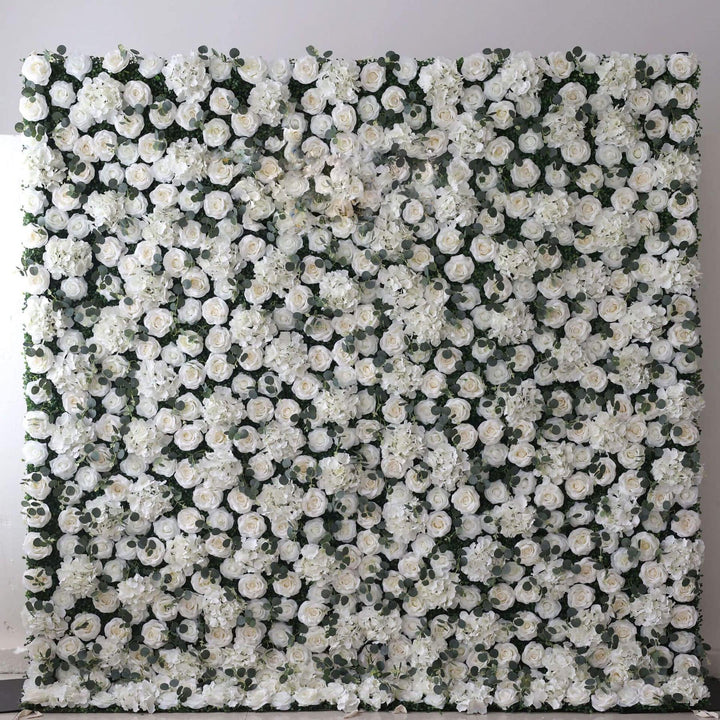 Elegant white and green flower wall backdrop for weddings and special events.
