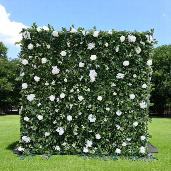 Close-up view of floral wall backdrop with intricate flower details for elegant events.