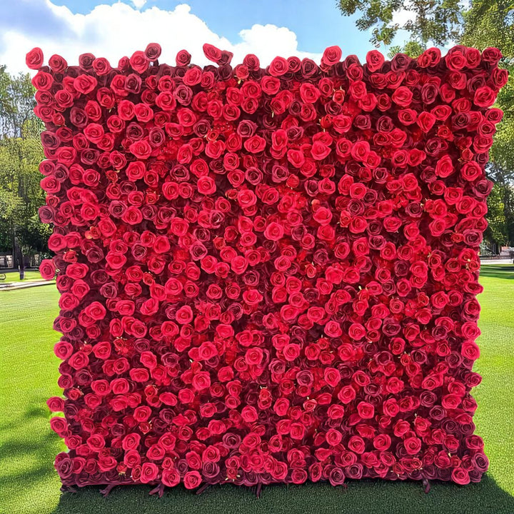 Elegant crimson rose flower wall backdrop for luxury weddings and events.