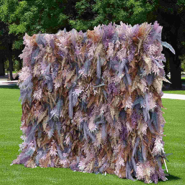 Full front view of Moonlit Fern Cascade flower wall with metallic gold and lavender foliage