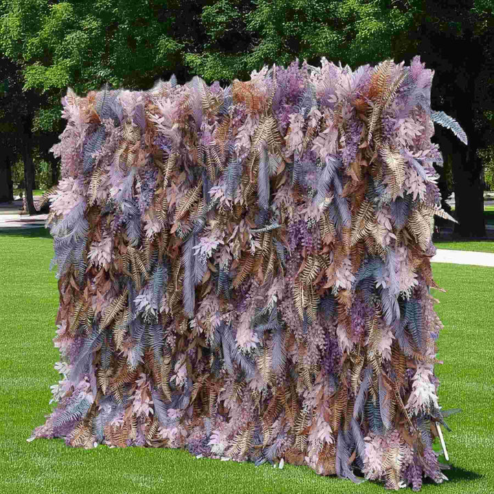 Full front view of Moonlit Fern Cascade flower wall with metallic gold and lavender foliage