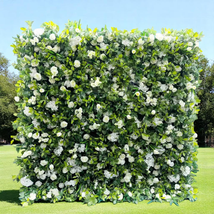 Green and white flower wall backdrop for elegant events