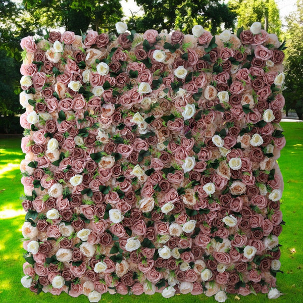 Vintage-style floral wall backdrop with dusty rose, brown, and cream roses.

