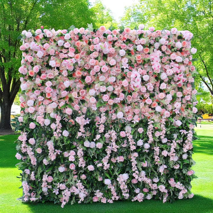 Blush pink rose and orchid floral wall backdrop for weddings and parties.
